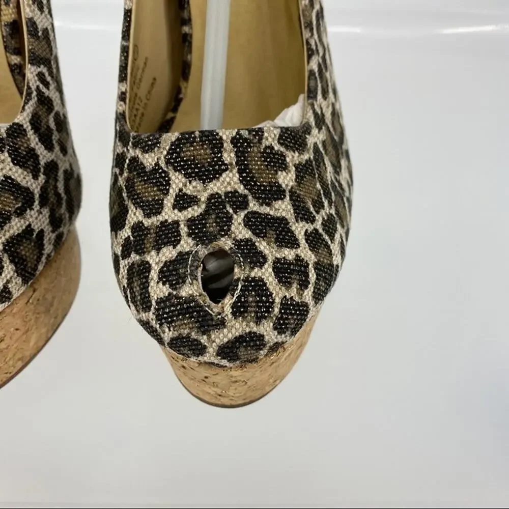 JustFab cheetah metallic cork sling back heels gold brown black buckle size 7.5